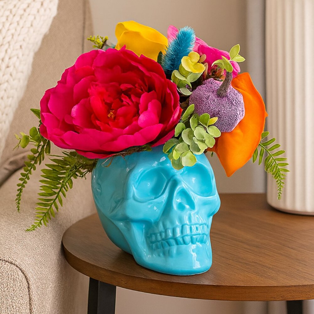 Floral Skull Planter with Artificial Flowers - Tropical - Custom - Hand Made
